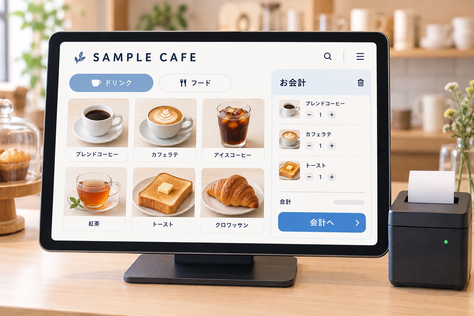 AI生成イメージ|商品選択とお会計の流れを表現したPOSレジの参考例です。実使用画面ではありません。