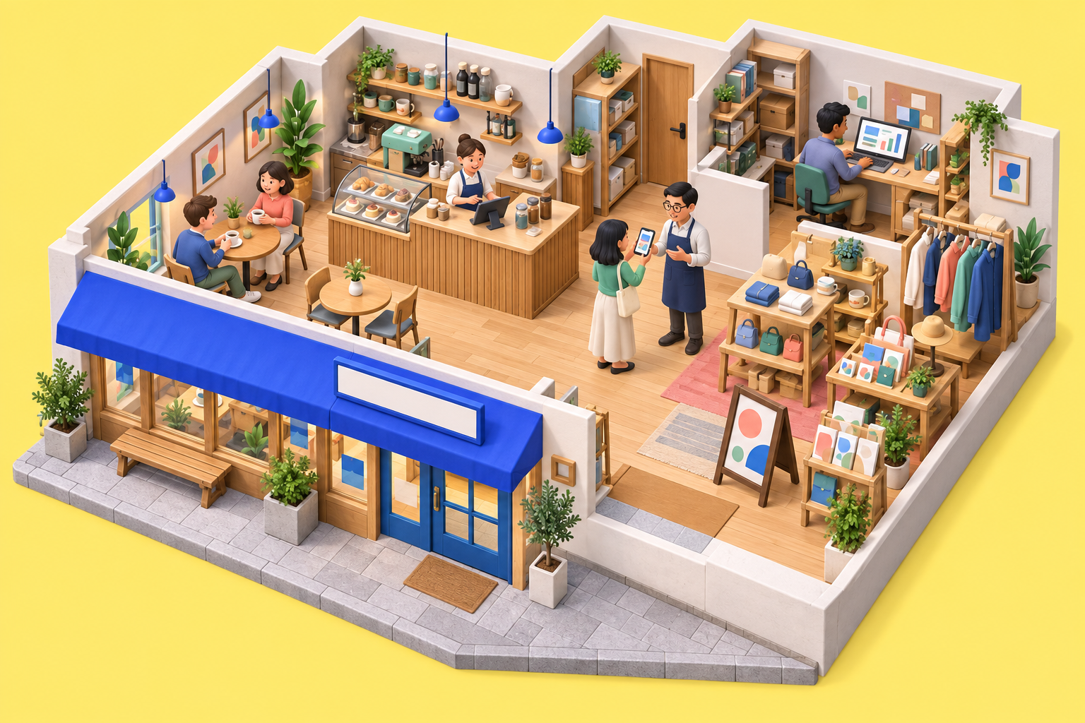 青いひさしの店舗を見渡したイラスト。接客、レジ、会員証、商品管理、事務仕事の場面を描いています。
